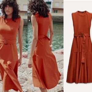 Zara Women’s Sleeveless Belted Contrast Fabric Midi Dress Rust Orange Medium